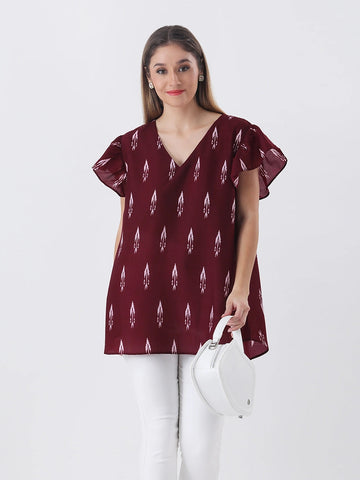 Printed cotton v-neck top with short frill sleeve