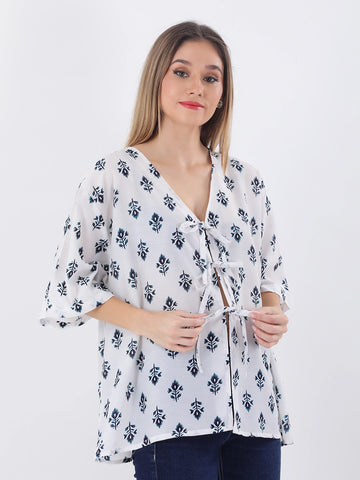Cotton printed loose fit bow top