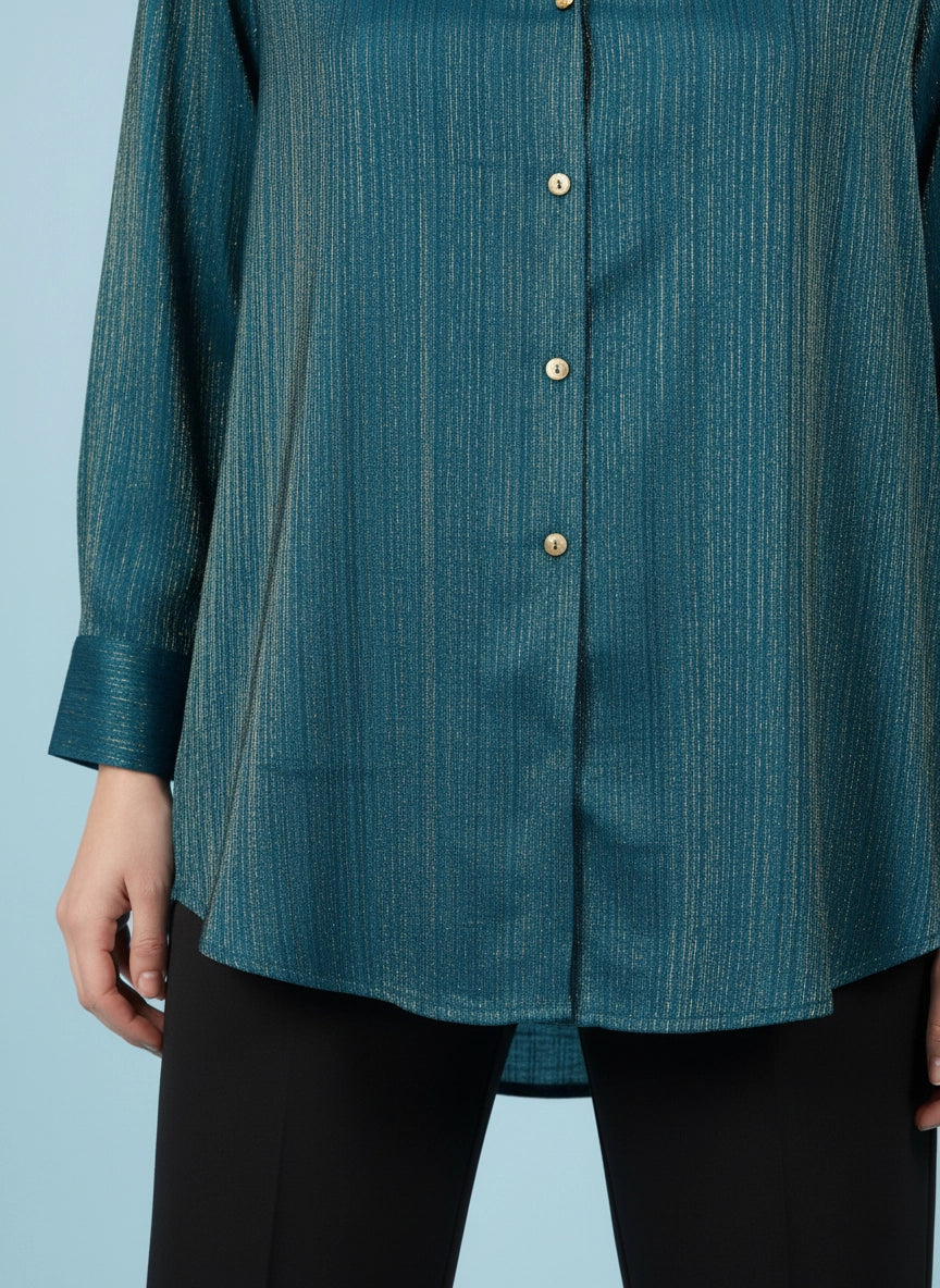Teal gold zari shirt with cuff sleeves