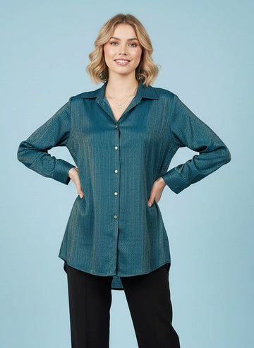 Teal gold zari shirt with cuff sleeves