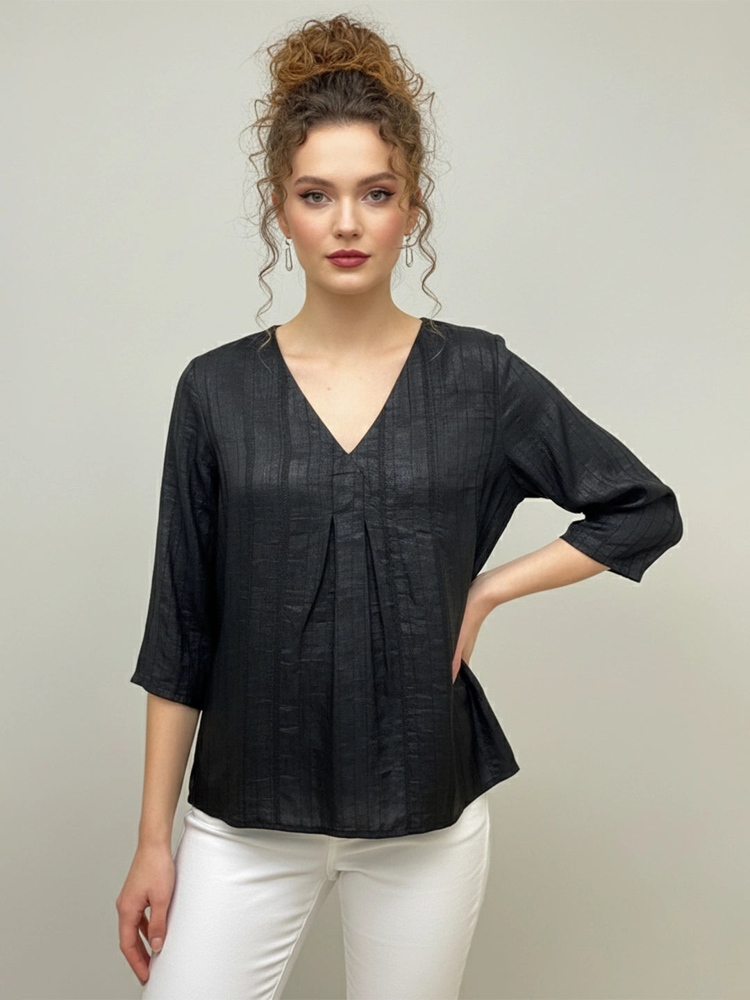Black front pleated silk top