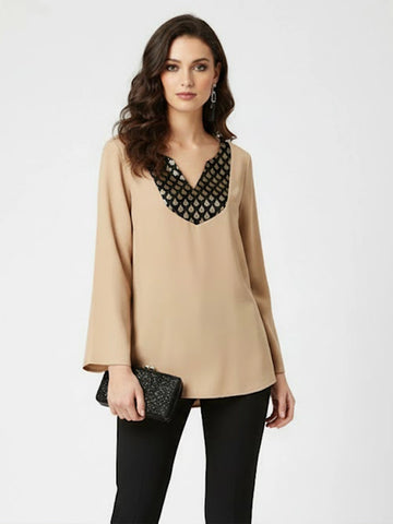 Beige slik blend top with brocade embelishment