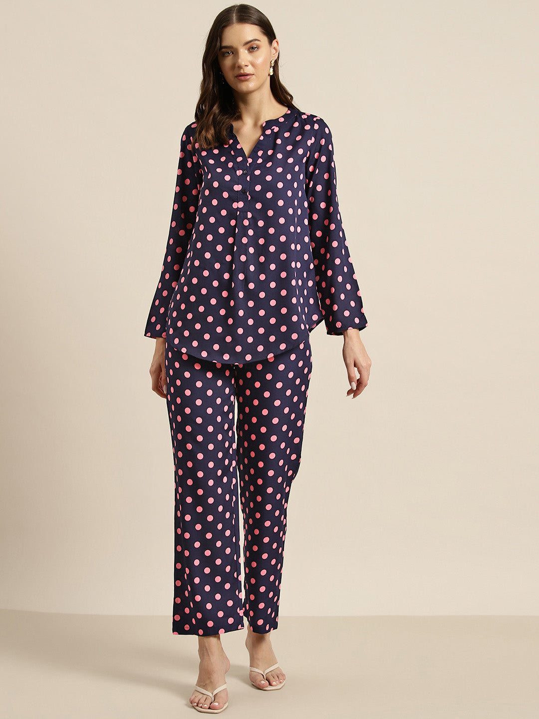 Navy and pink polka crepe shirt and pant set