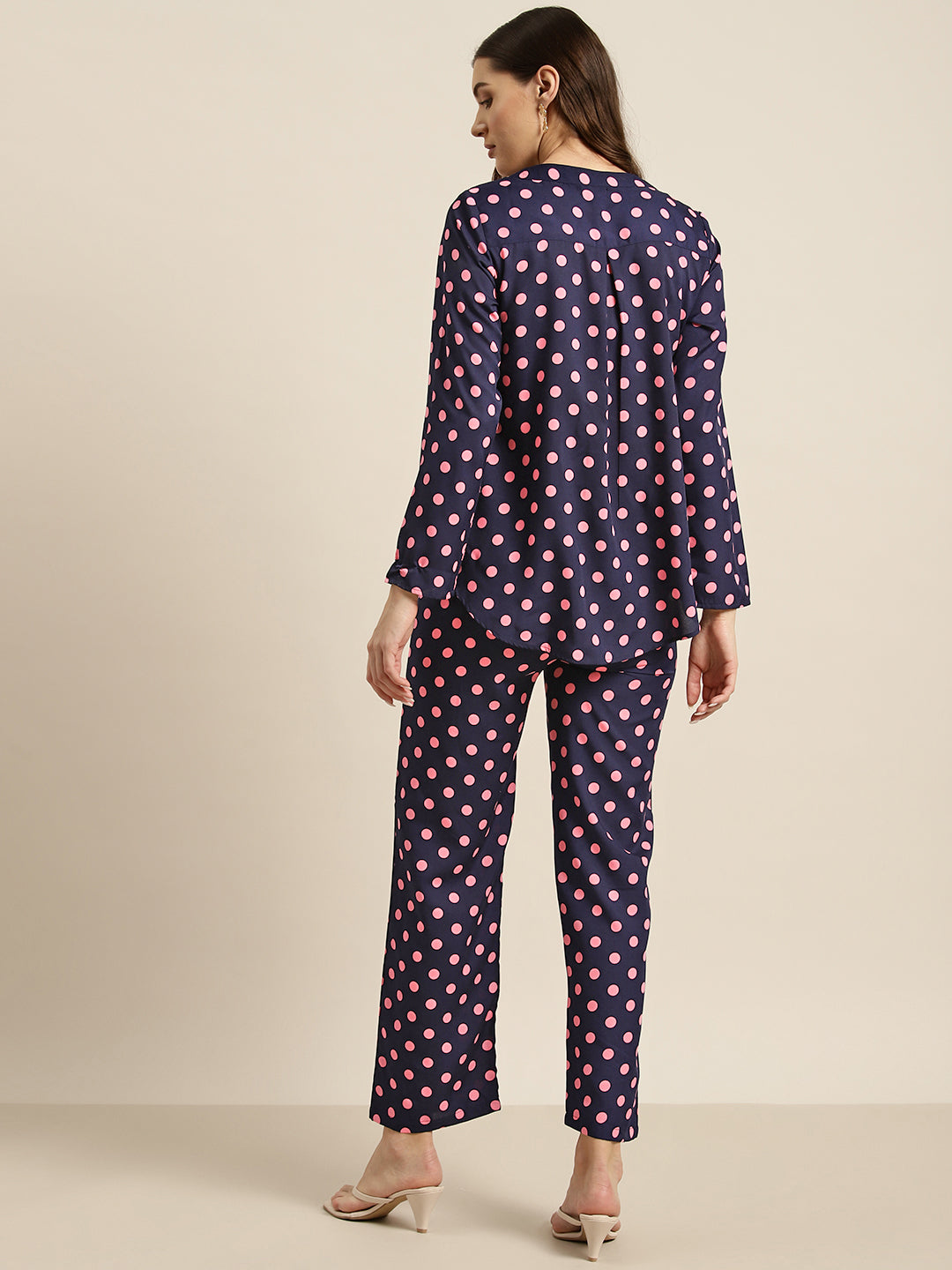 Navy and pink polka crepe shirt and pant set