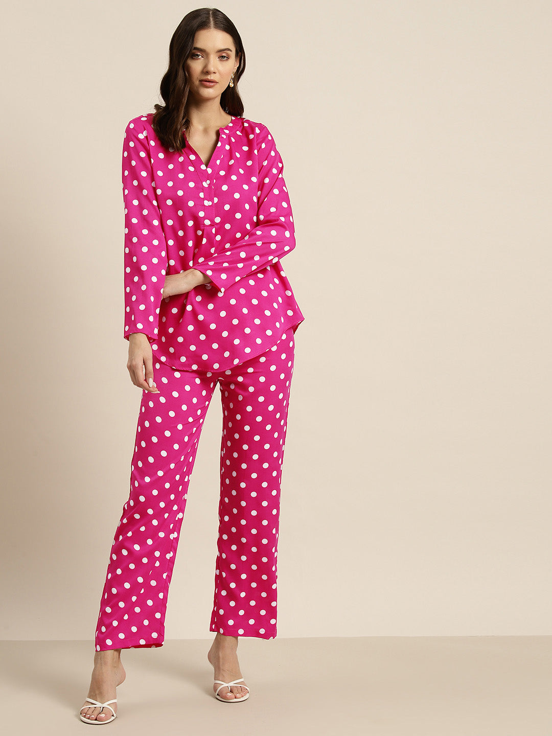 Hot pink & white polka crepe shirt and pant set