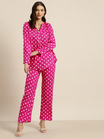 Hot pink & white polka crepe shirt and pant set