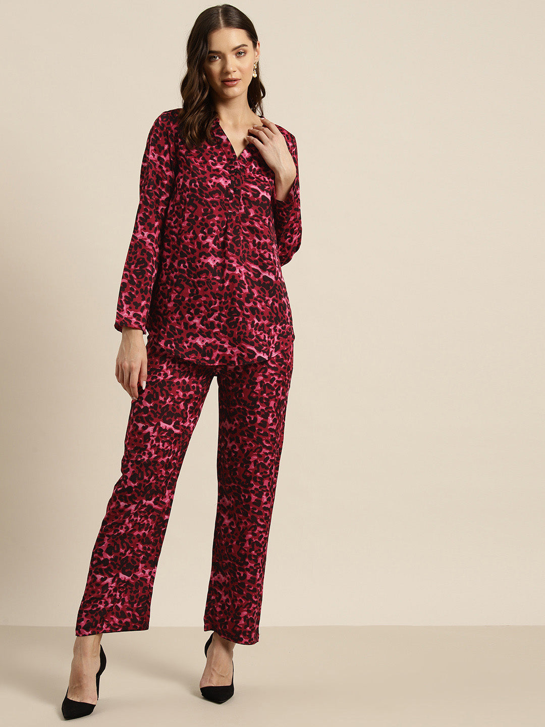 Wine & black leopard print crepe shirt and pant set