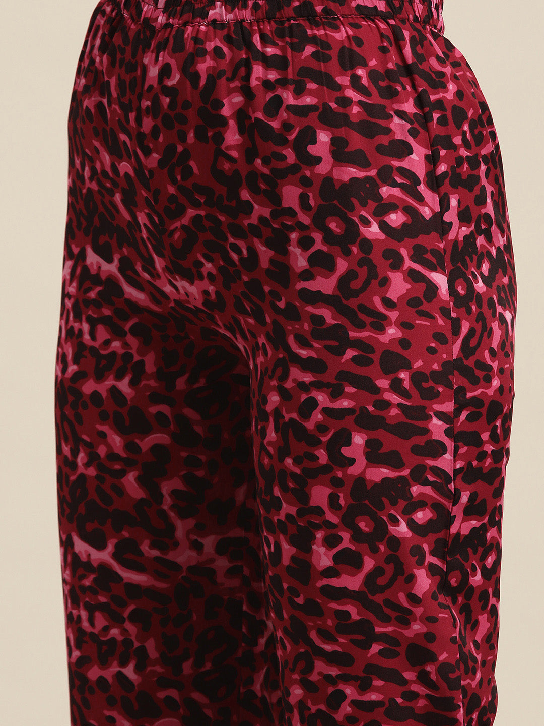 Wine & black leopard print crepe shirt and pant set