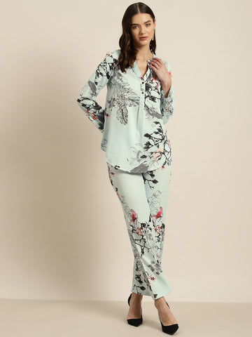 Turquoise blue camouflage print crepe shirt and pant set