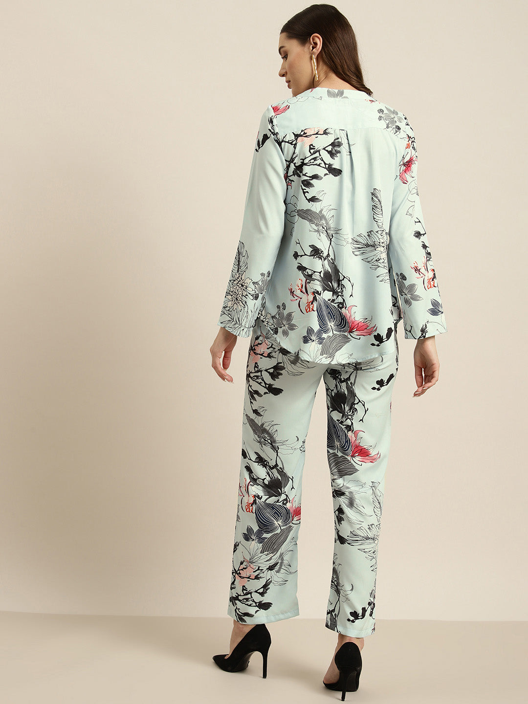 Turquoise blue camouflage print crepe shirt and pant set