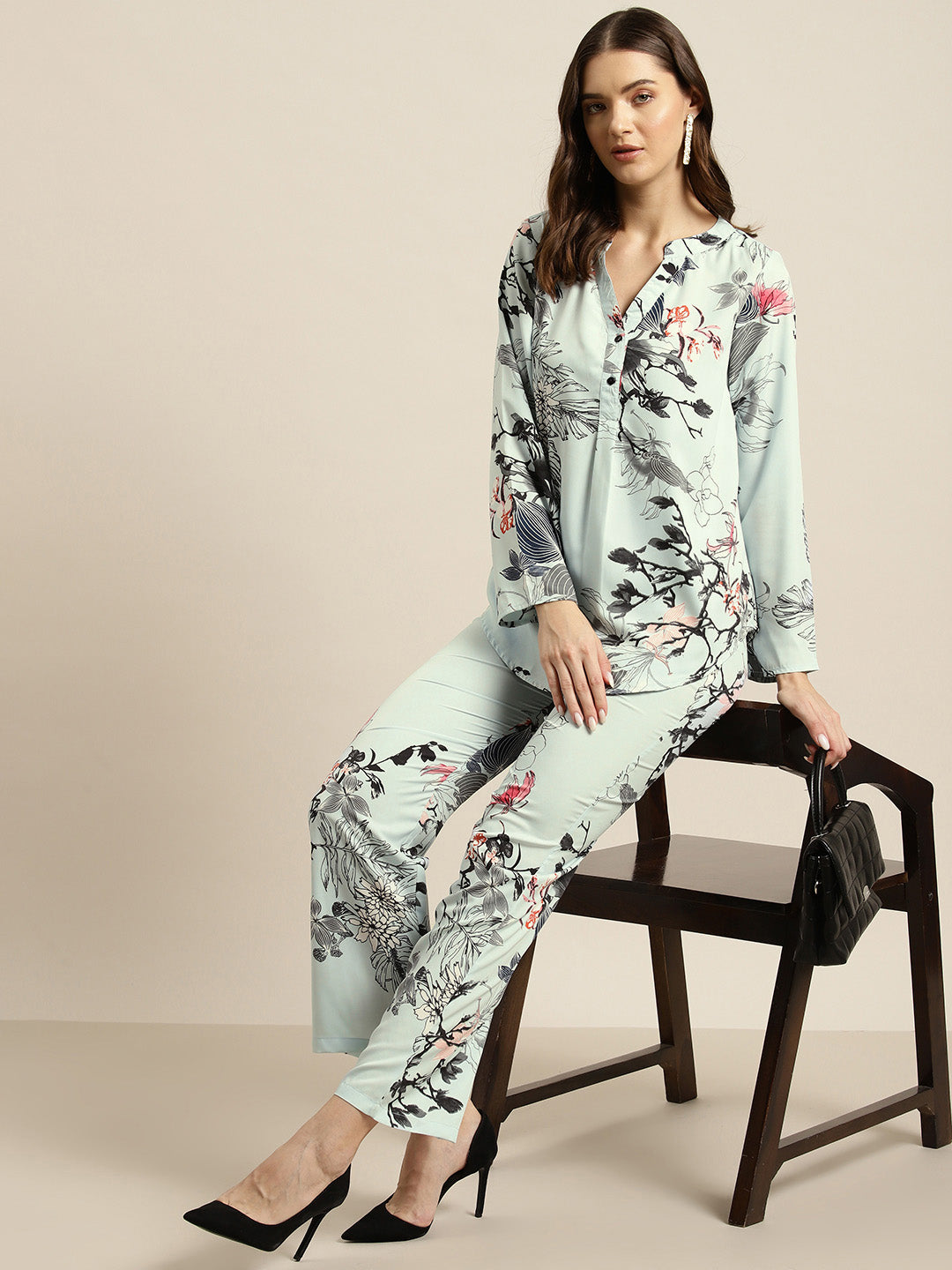 Turquoise blue camouflage print crepe shirt and pant set
