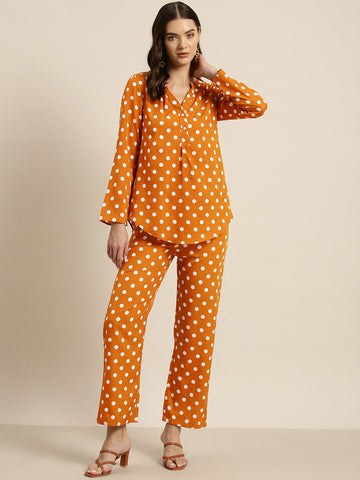 Rust and white polka dot crepe shirt and pant set