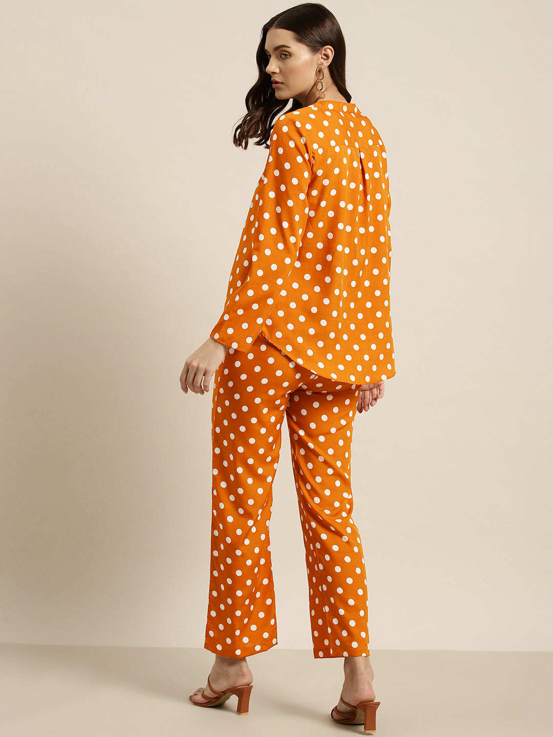Rust and white polka dot crepe shirt and pant set