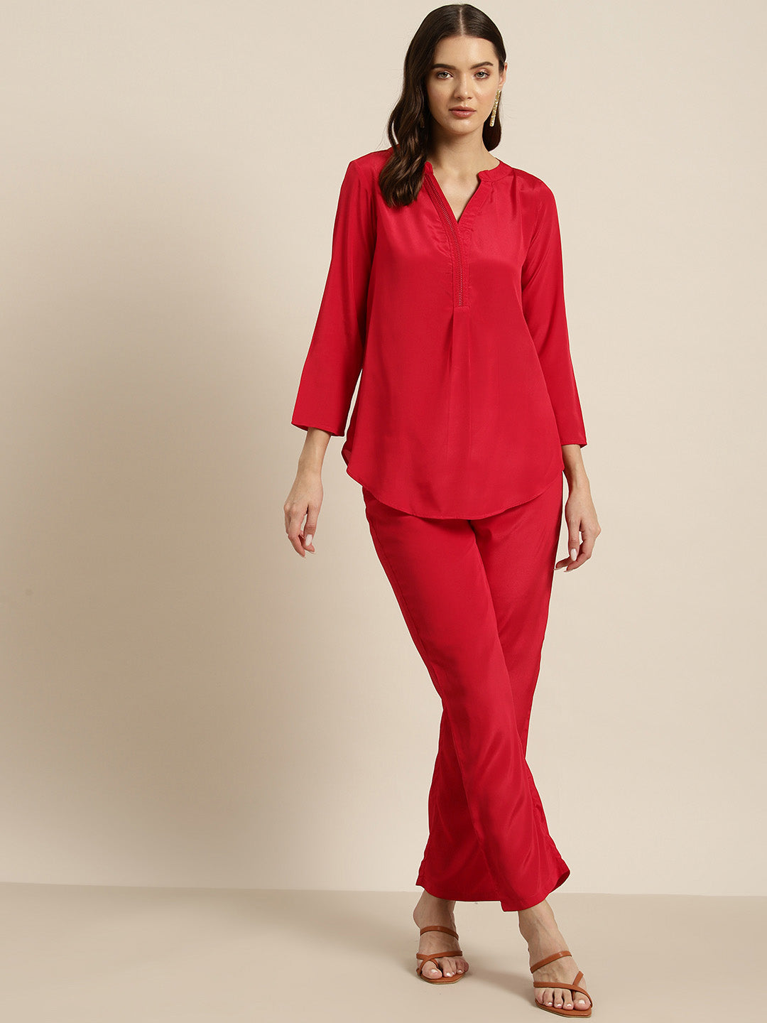 Red solid crepe shirt and pant set