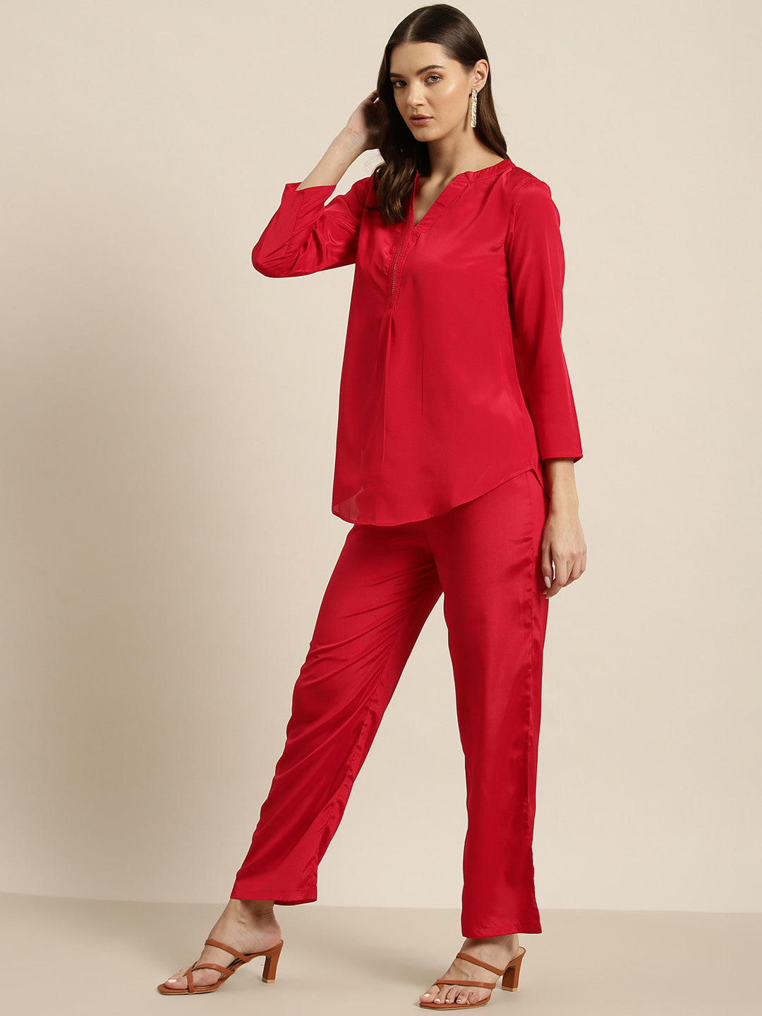 Red solid crepe shirt and pant set