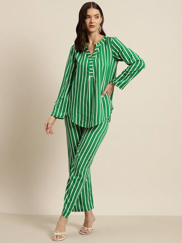 Green & white stripe crepe shirt and pant set.