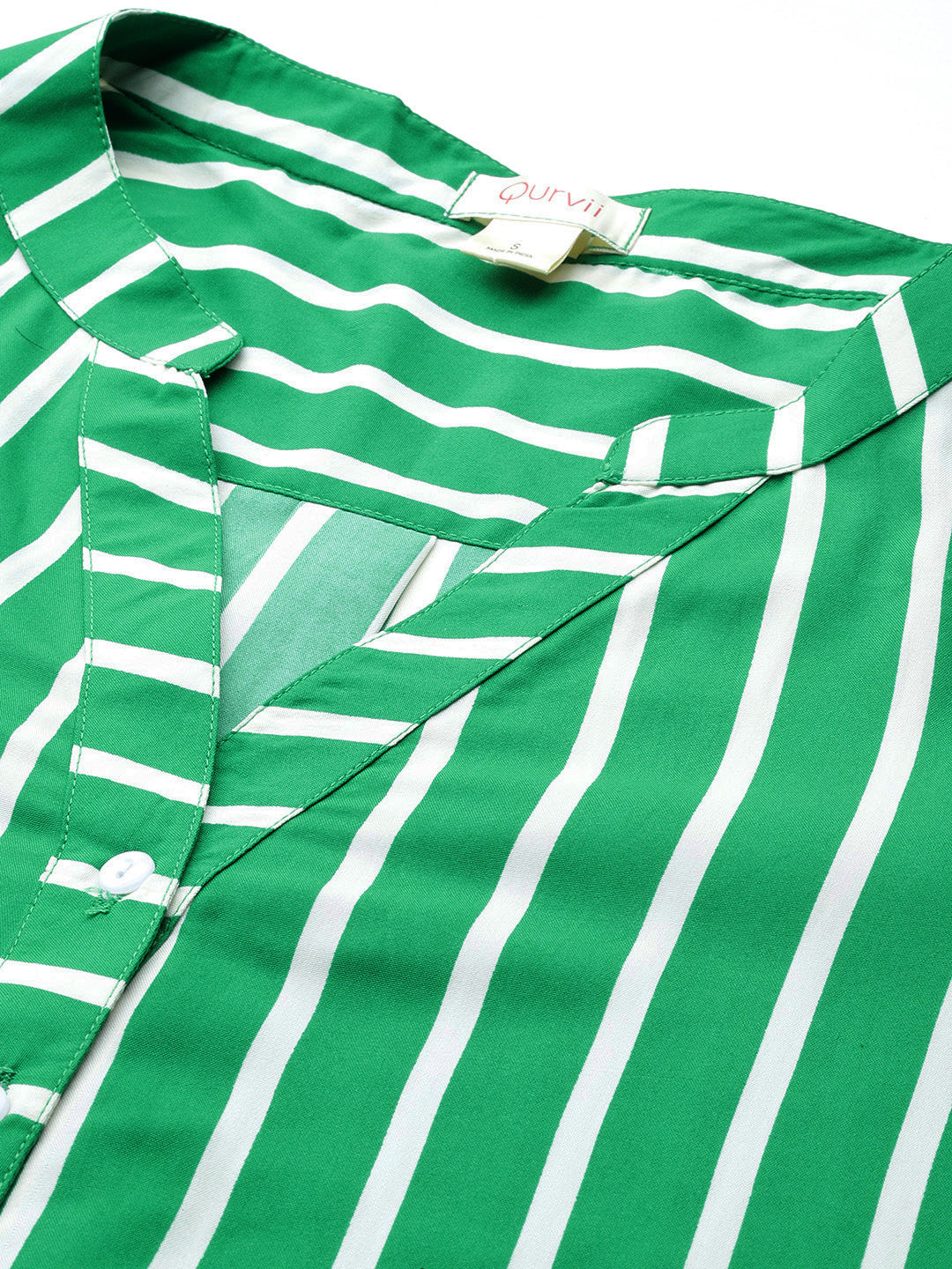 Green & white stripe crepe shirt and pant set.