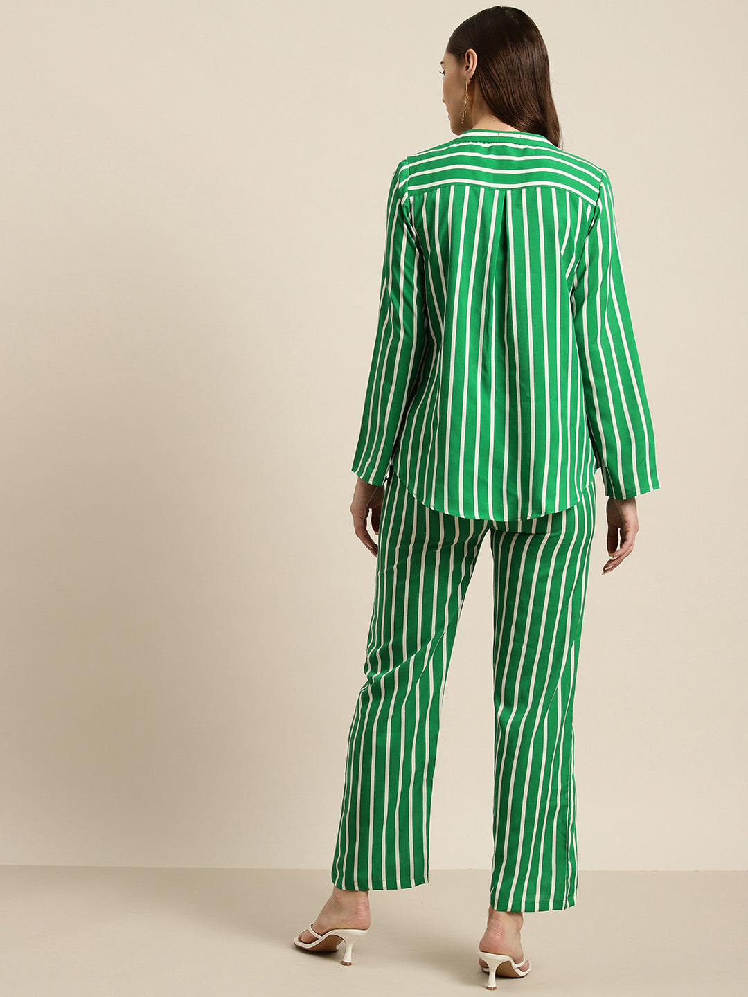 Green & white stripe crepe shirt and pant set.