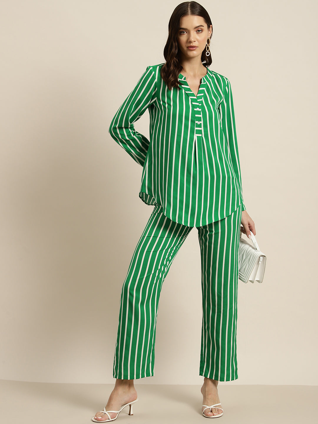 Green & white stripe crepe shirt and pant set.