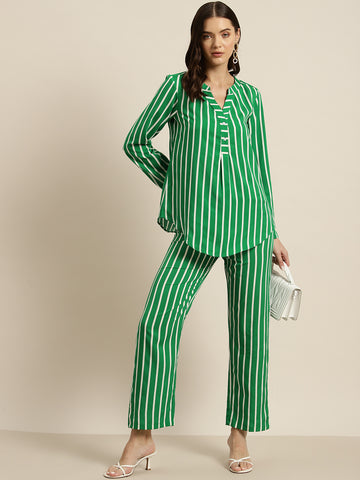 Green & white stripe crepe shirt and pant set.