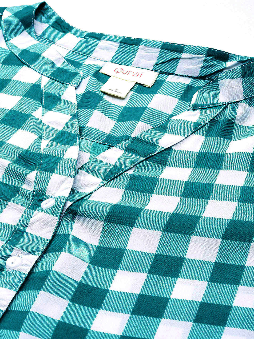 Teal & white check crepe shirt and pant set.