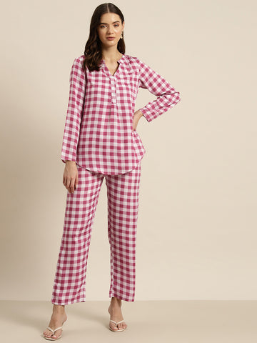 Pink & white check crepe shirt and pant set.