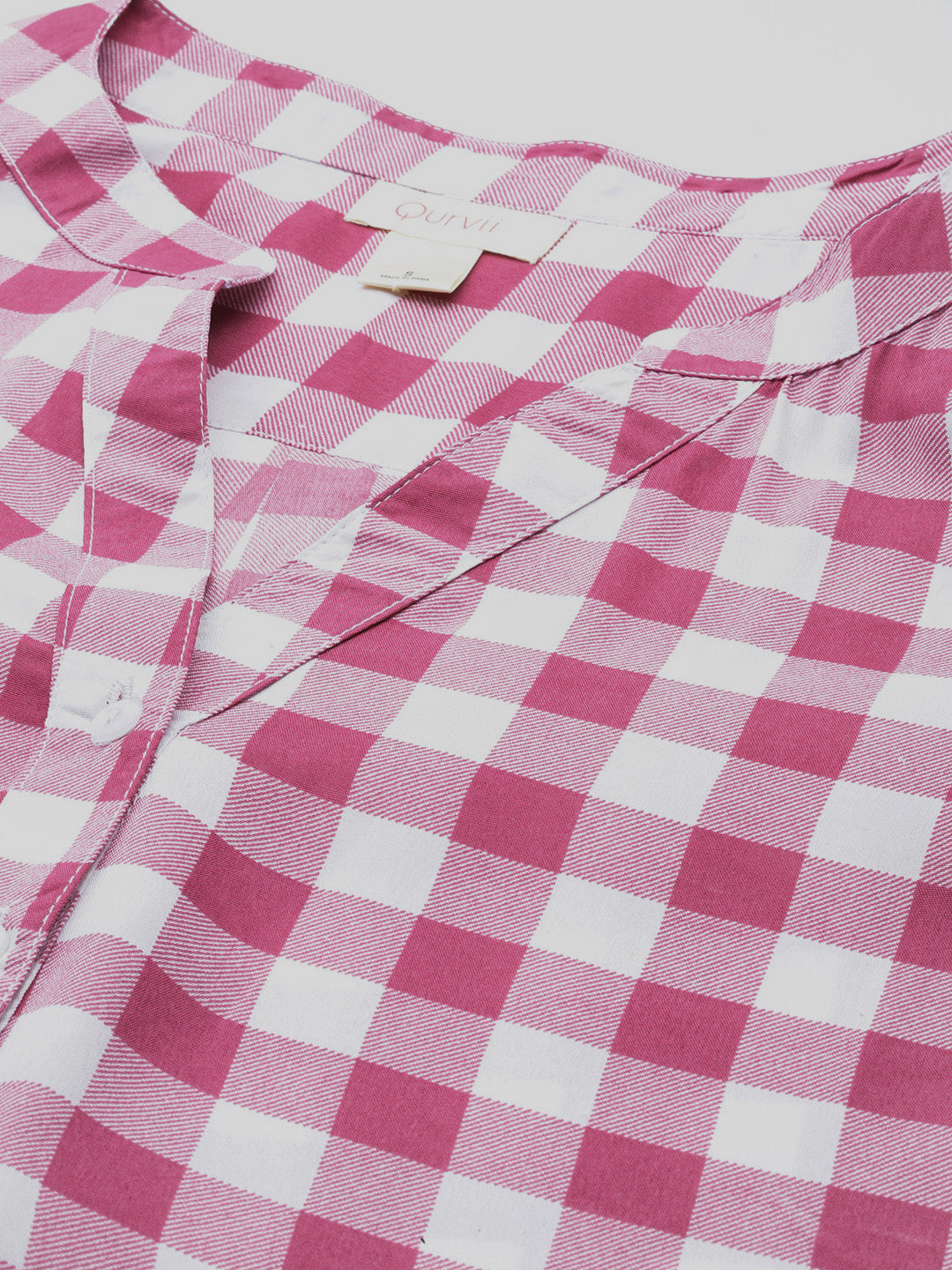 Pink & white check crepe shirt and pant set.