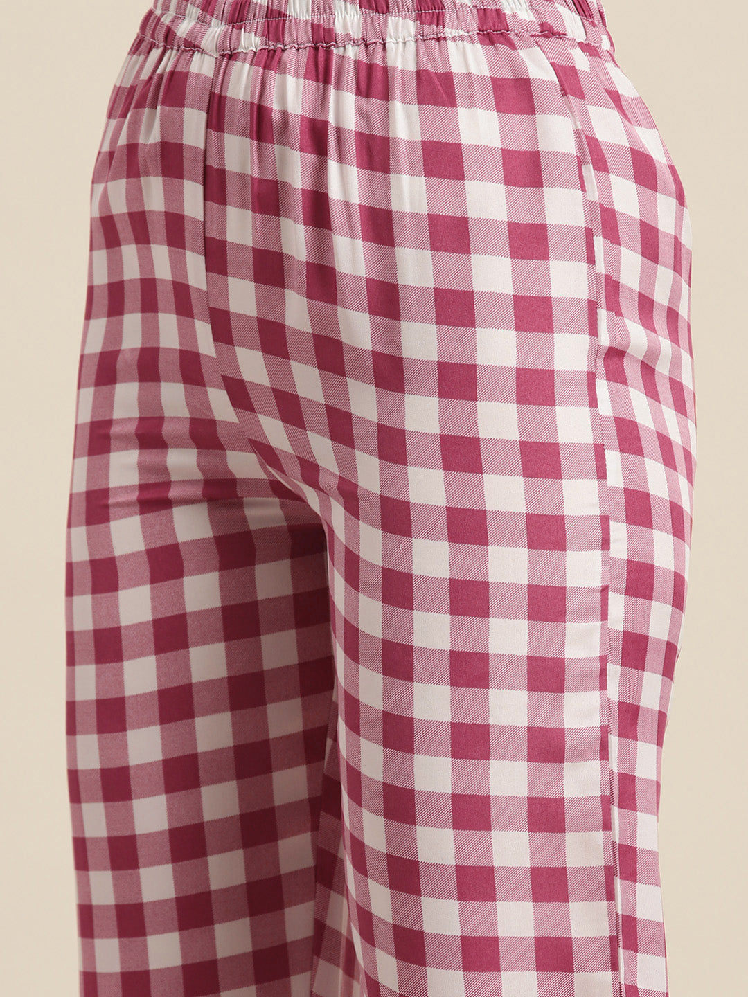 Pink & white check crepe shirt and pant set.