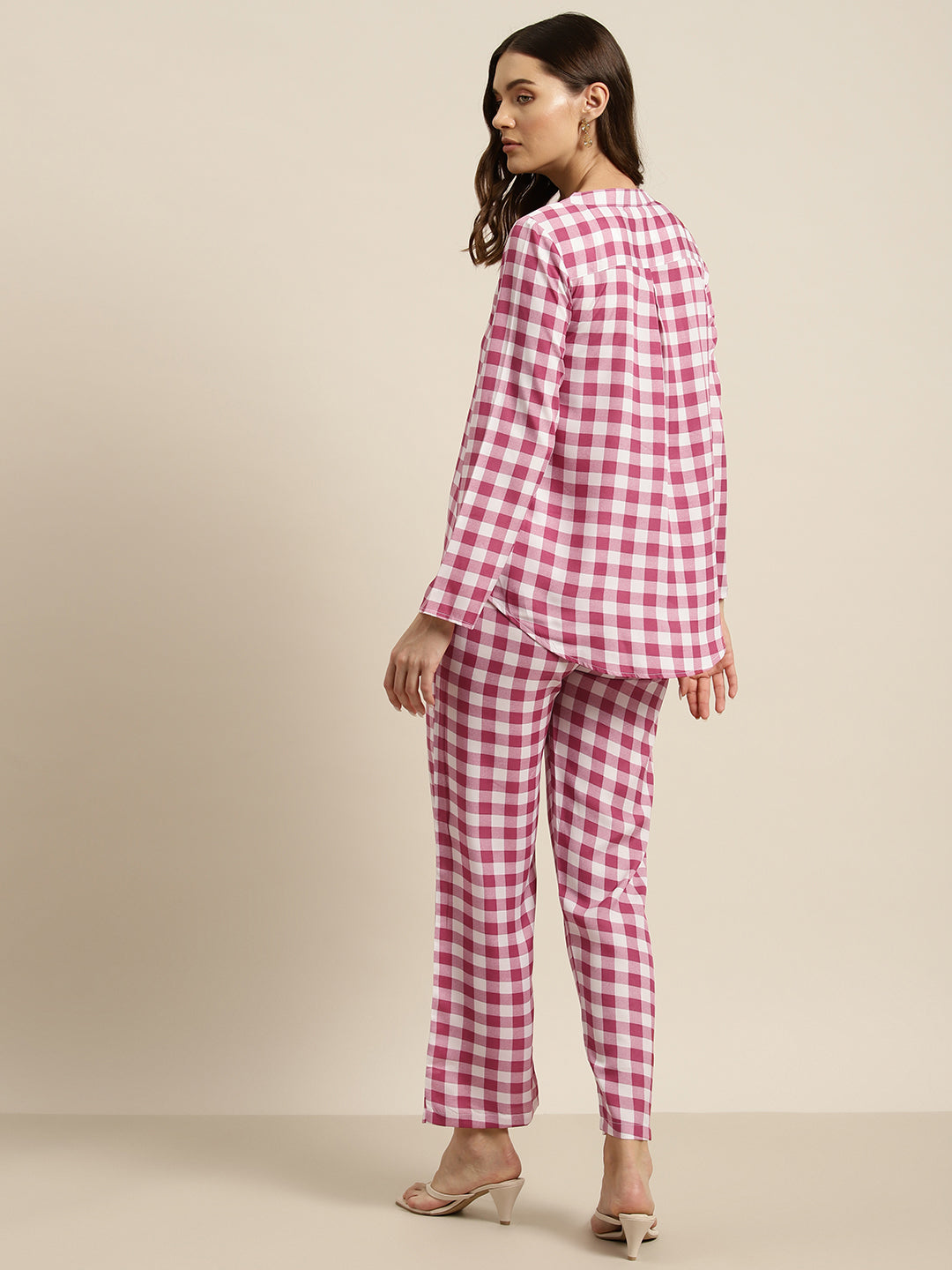 Pink & white check crepe shirt and pant set.
