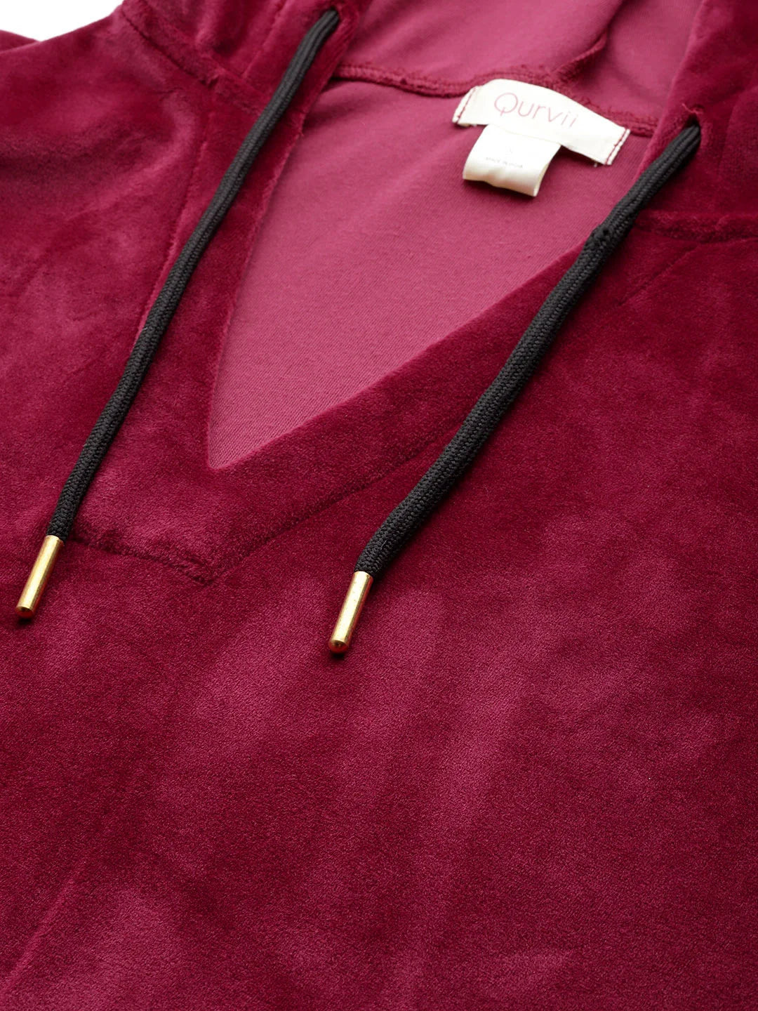 Maroon solid velvet fabric with a front patch pocket. hoodie with co-ord set.