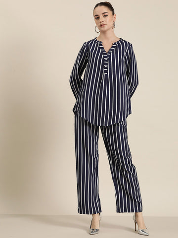 Navy and white stripe crepe shirt with pant co-ord set.