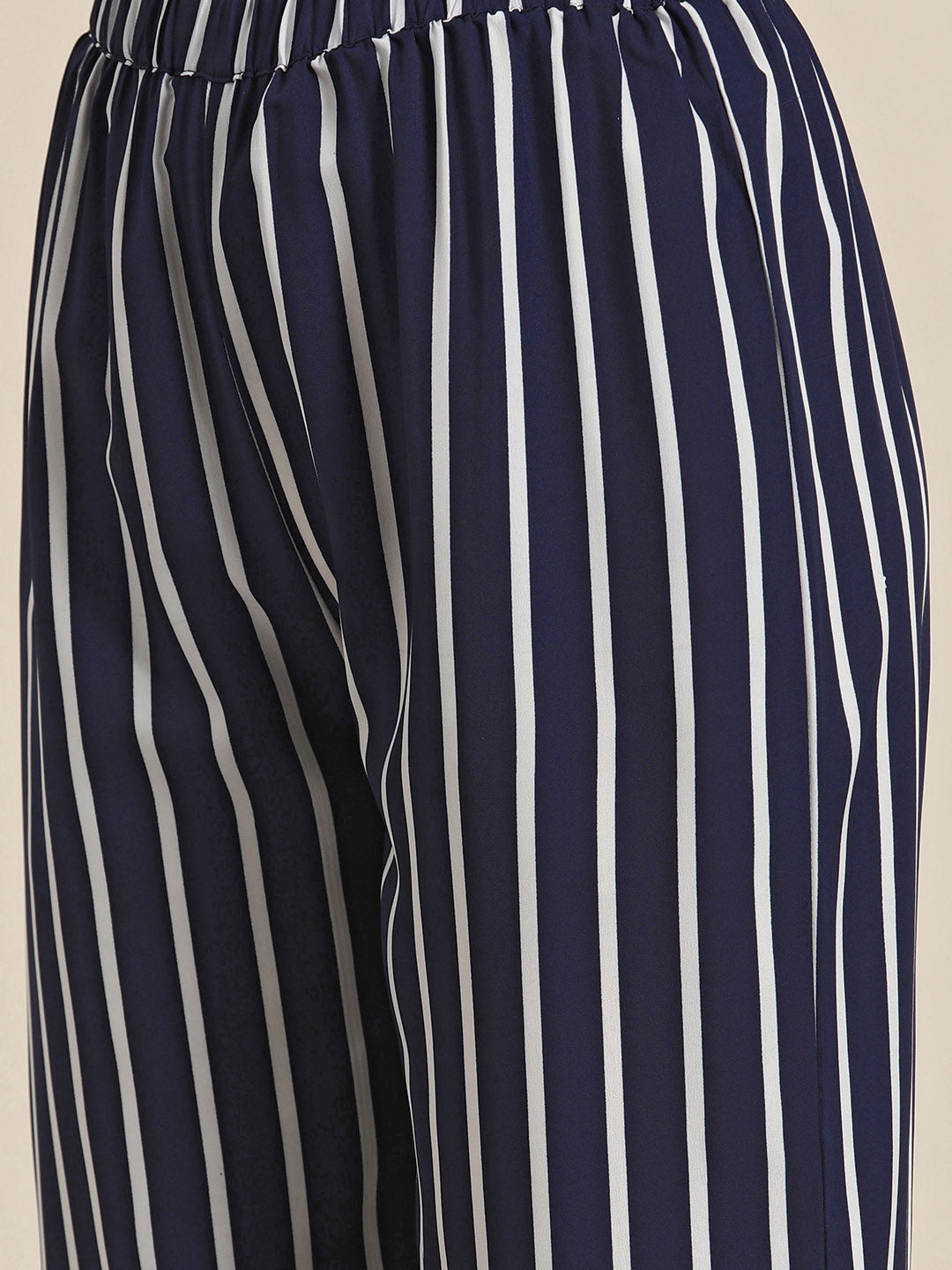 Navy and white stripe crepe shirt with pant co-ord set.