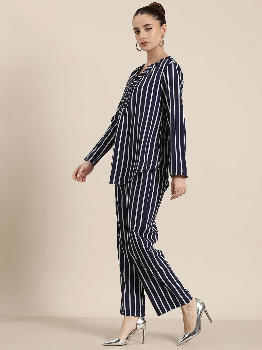 Navy and white stripe crepe shirt with pant co-ord set.