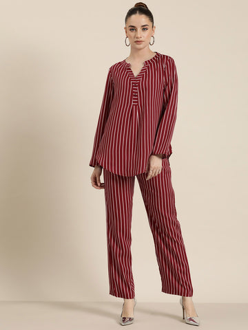 Maroon & white stripe crepe shirt and pant co-ord set