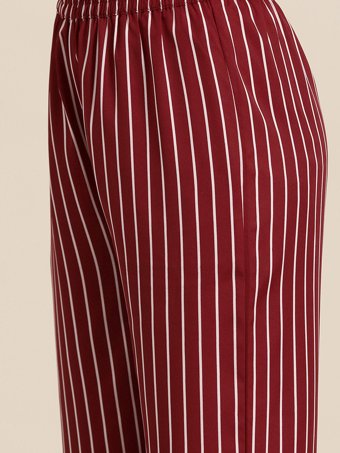 Maroon & white stripe crepe shirt and pant co-ord set