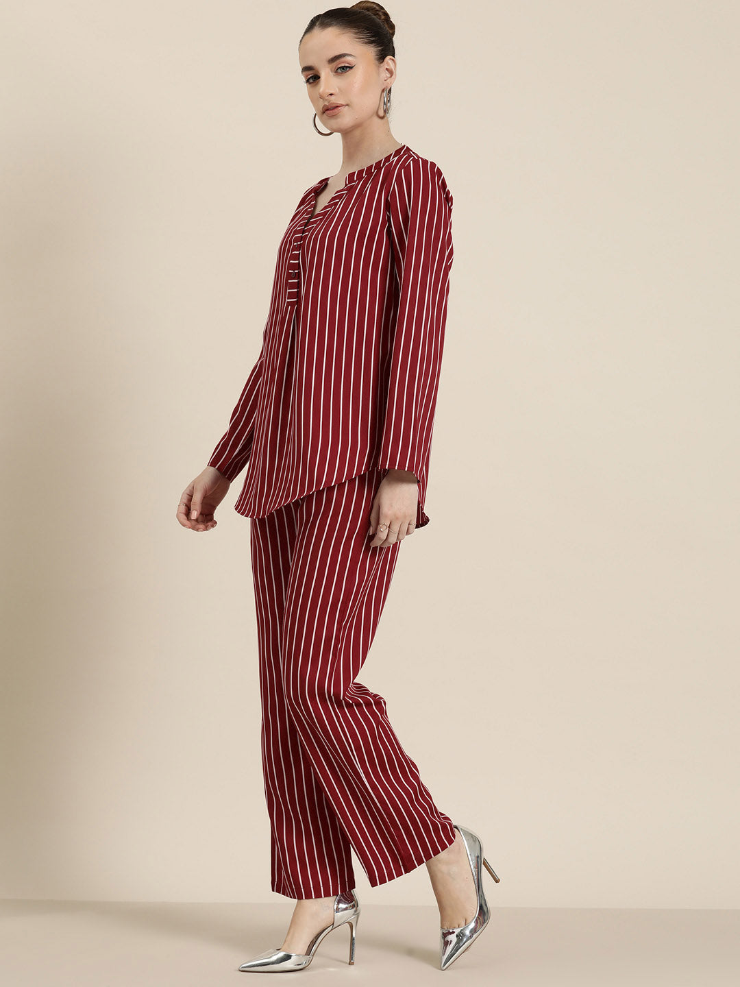 Maroon & white stripe crepe shirt and pant co-ord set