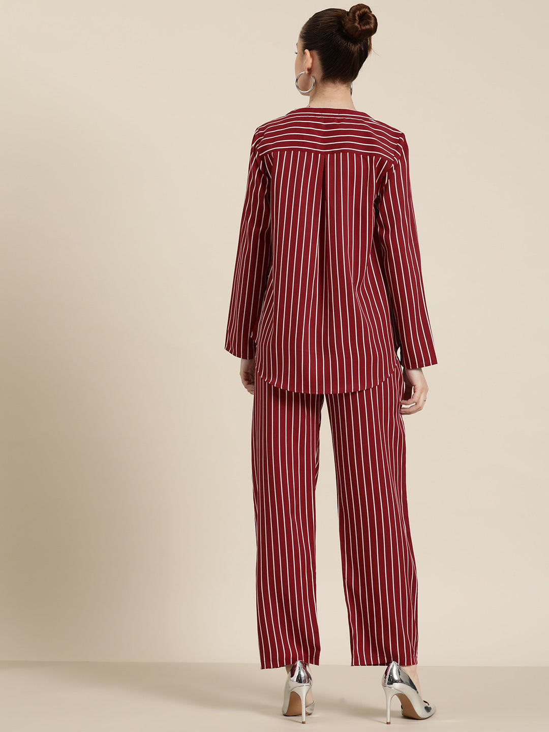 Maroon & white stripe crepe shirt and pant co-ord set
