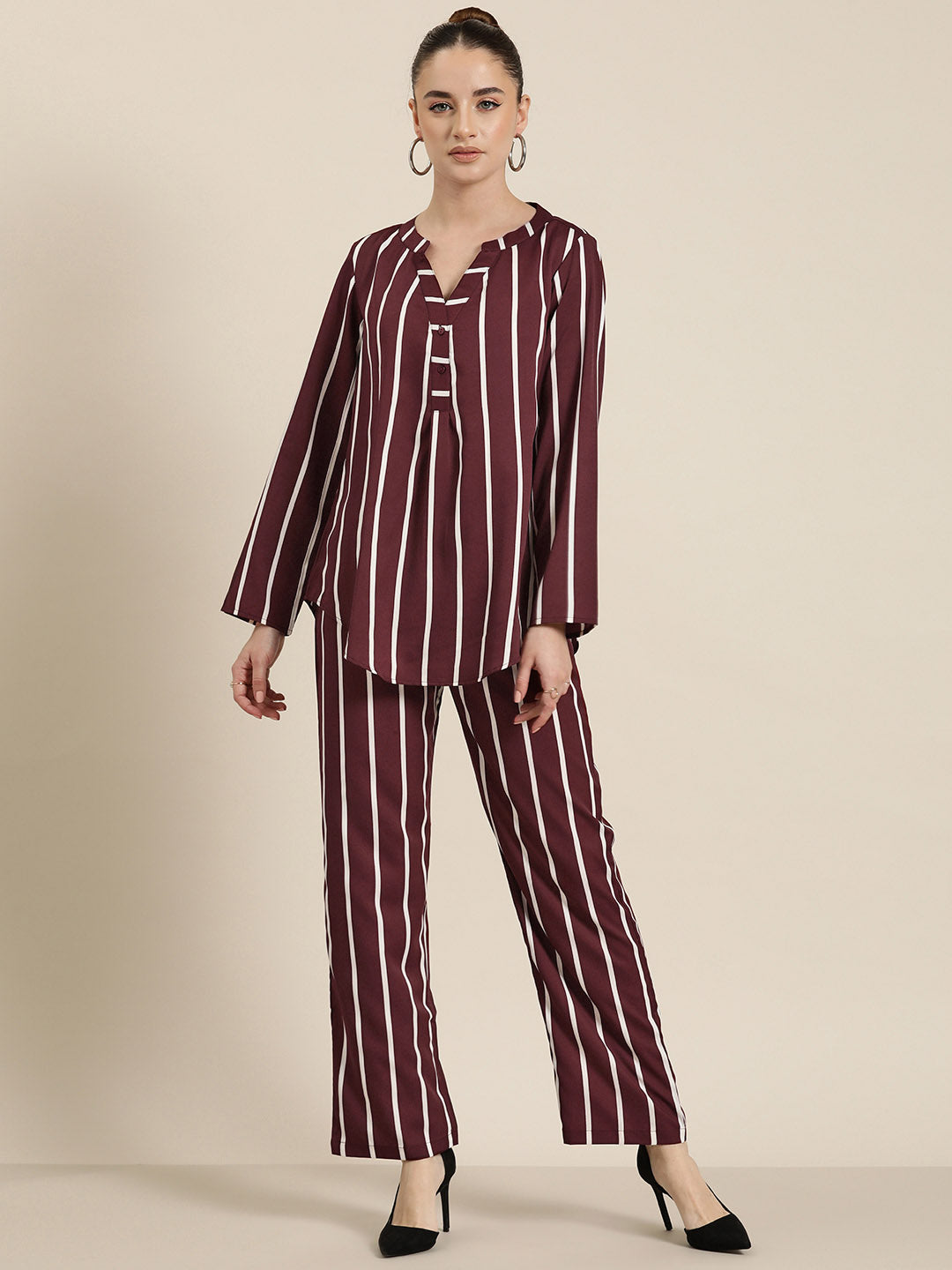 Wine & white stripe crepe shirt and pant co-ord set