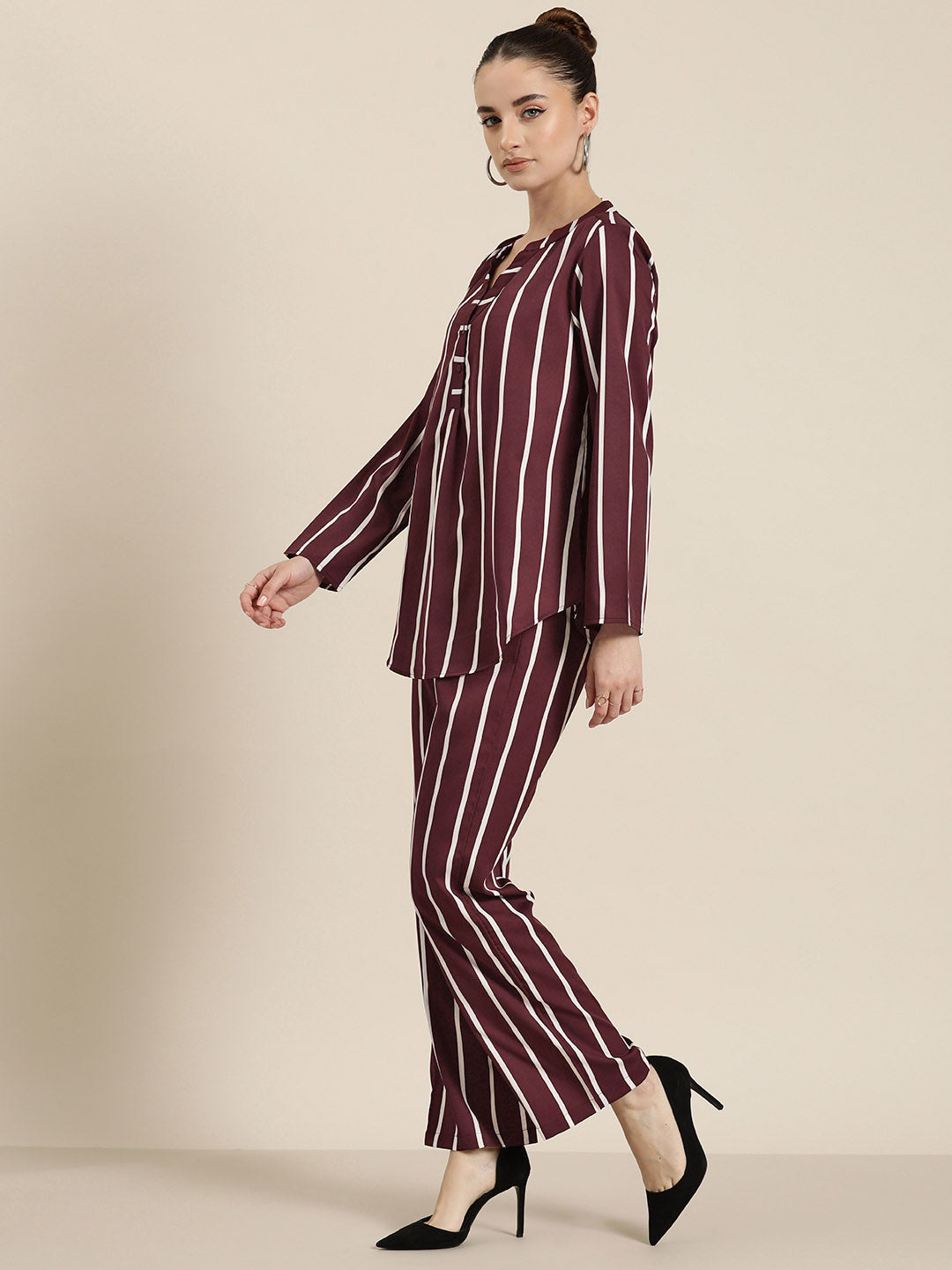 Wine & white stripe crepe shirt and pant co-ord set