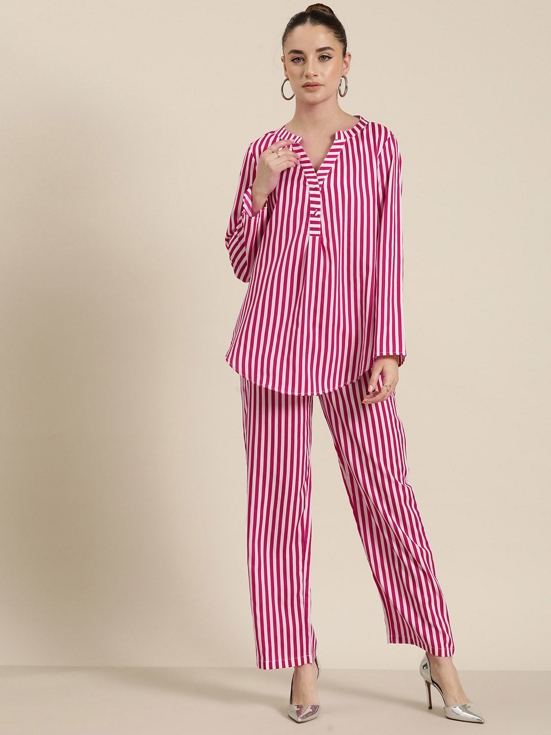 Magenta & white stripe crepe shirt and pant co-ord set