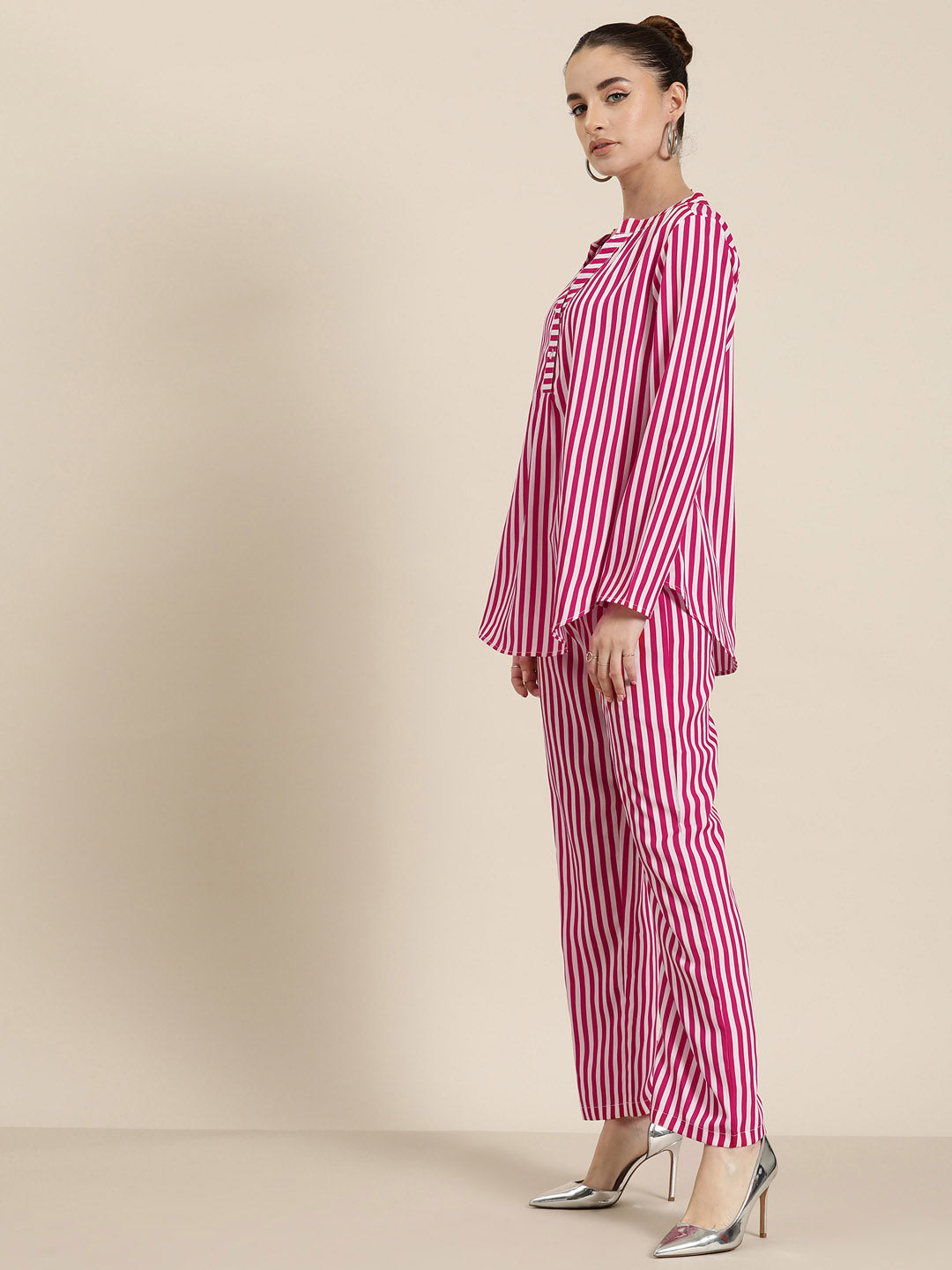 Magenta & white stripe crepe shirt and pant co-ord set