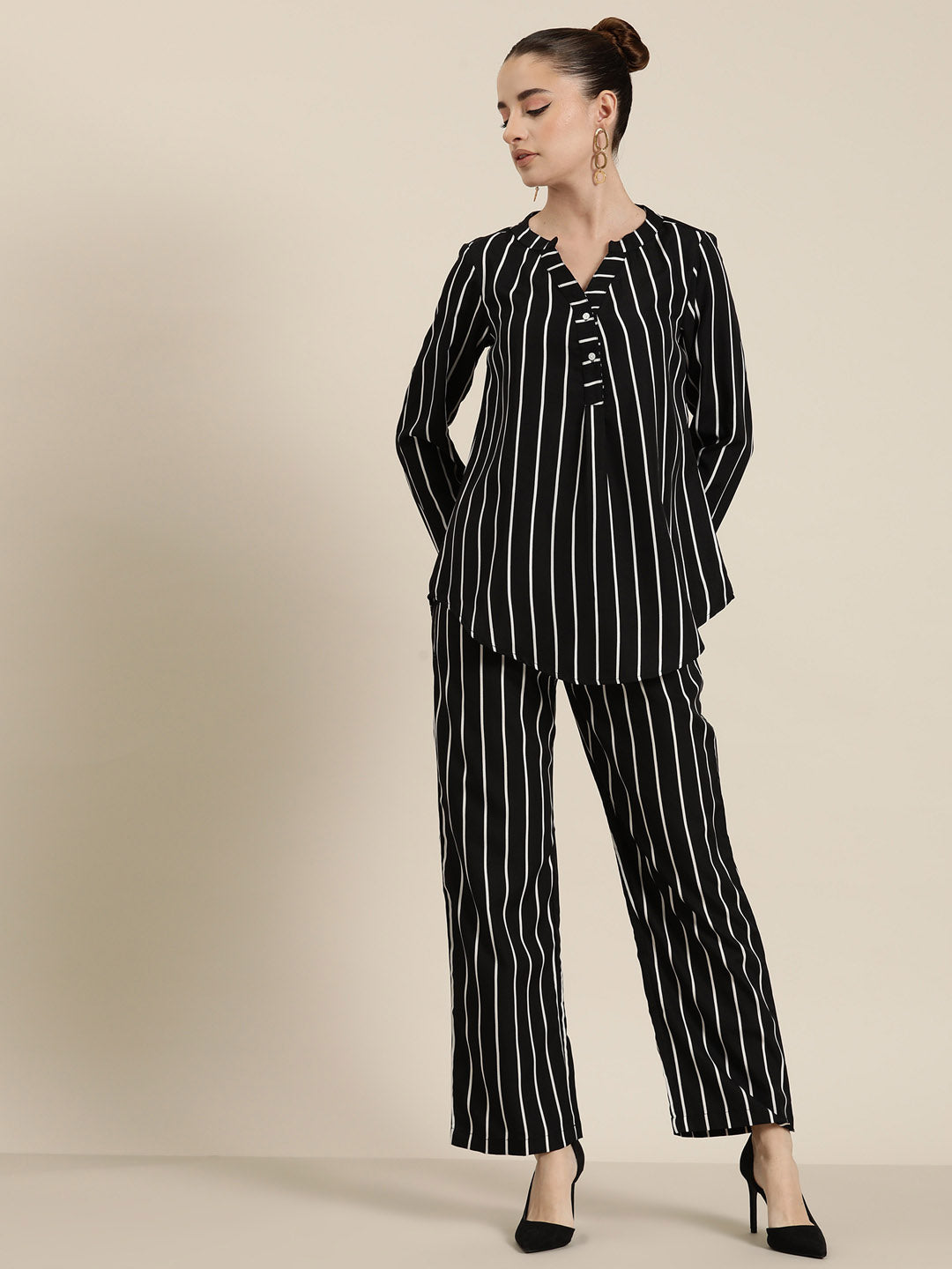 Black & white stripe crepe shirt and pant co-ord set