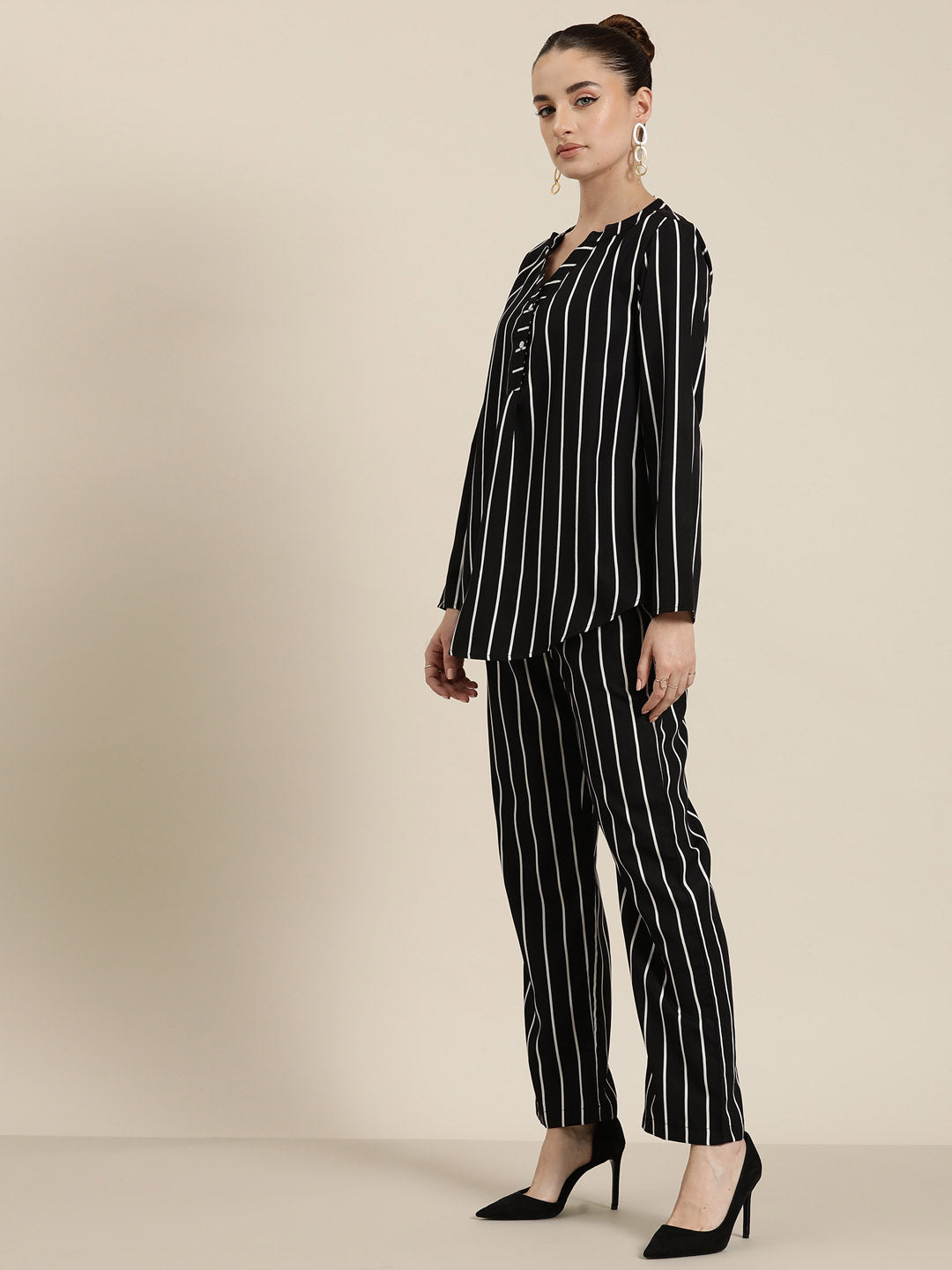 Black & white stripe crepe shirt and pant co-ord set