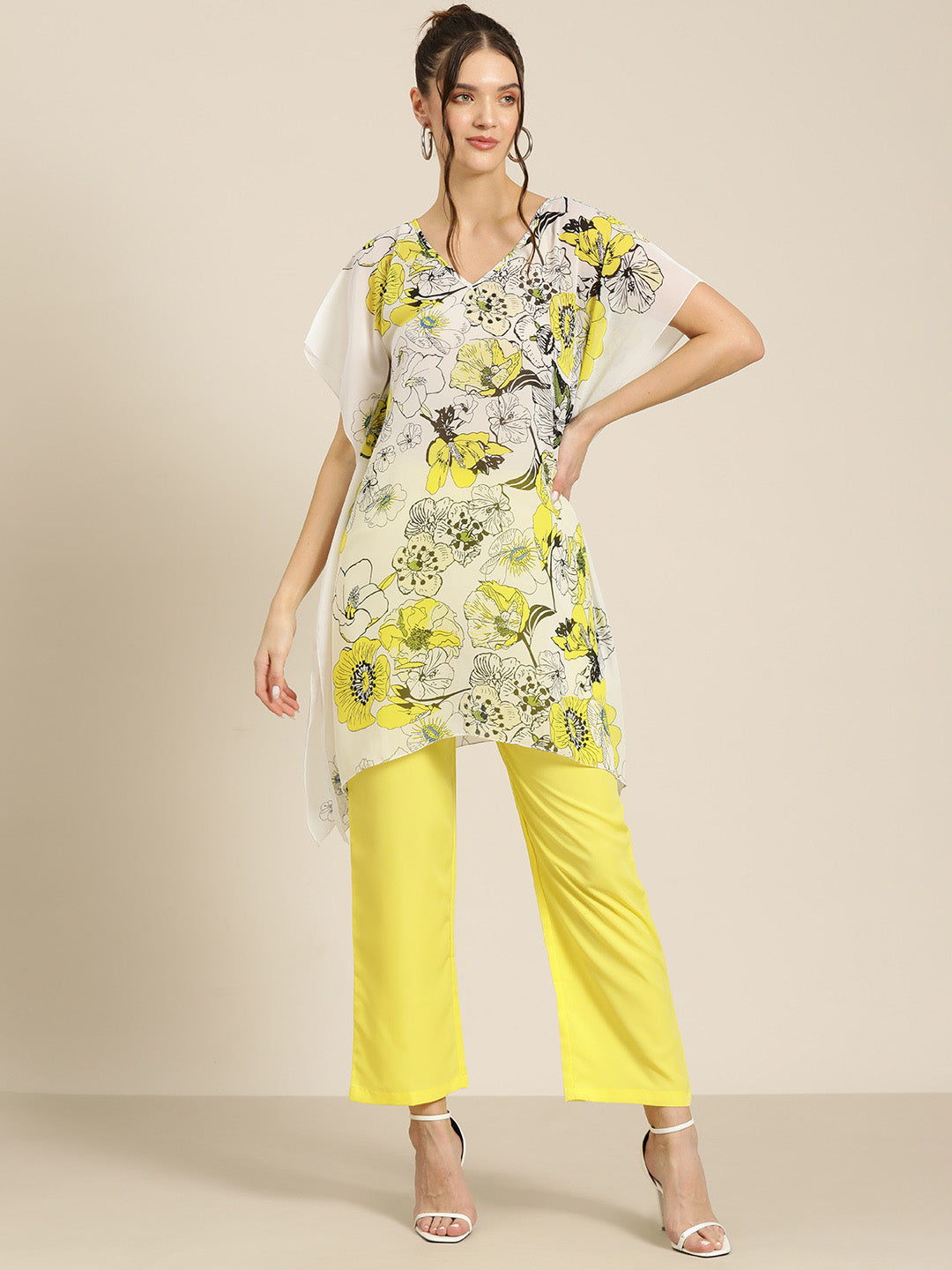 Neon yellow V-Neck top with pant co-ord set.