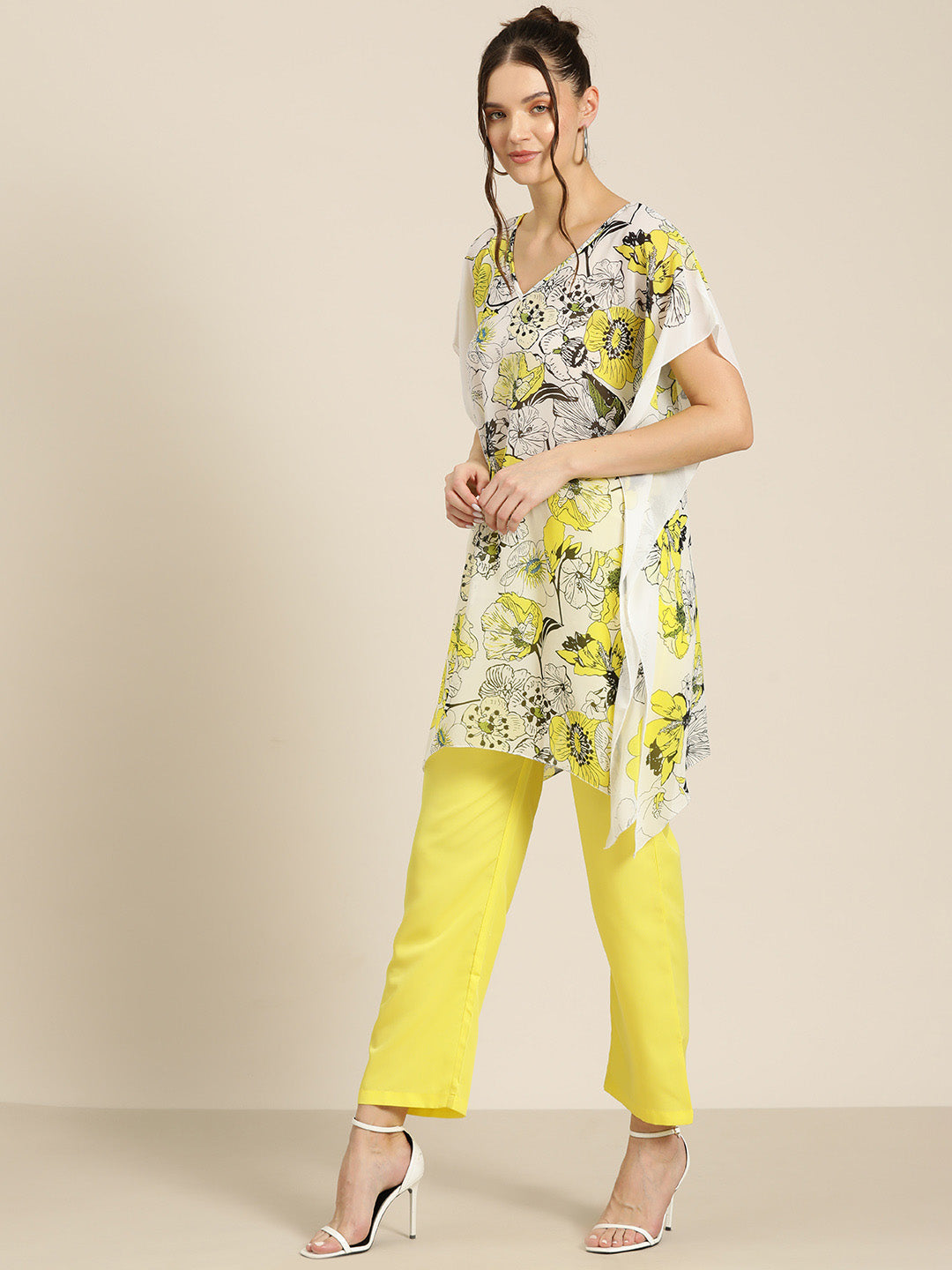 Neon yellow V-Neck top with pant co-ord set.