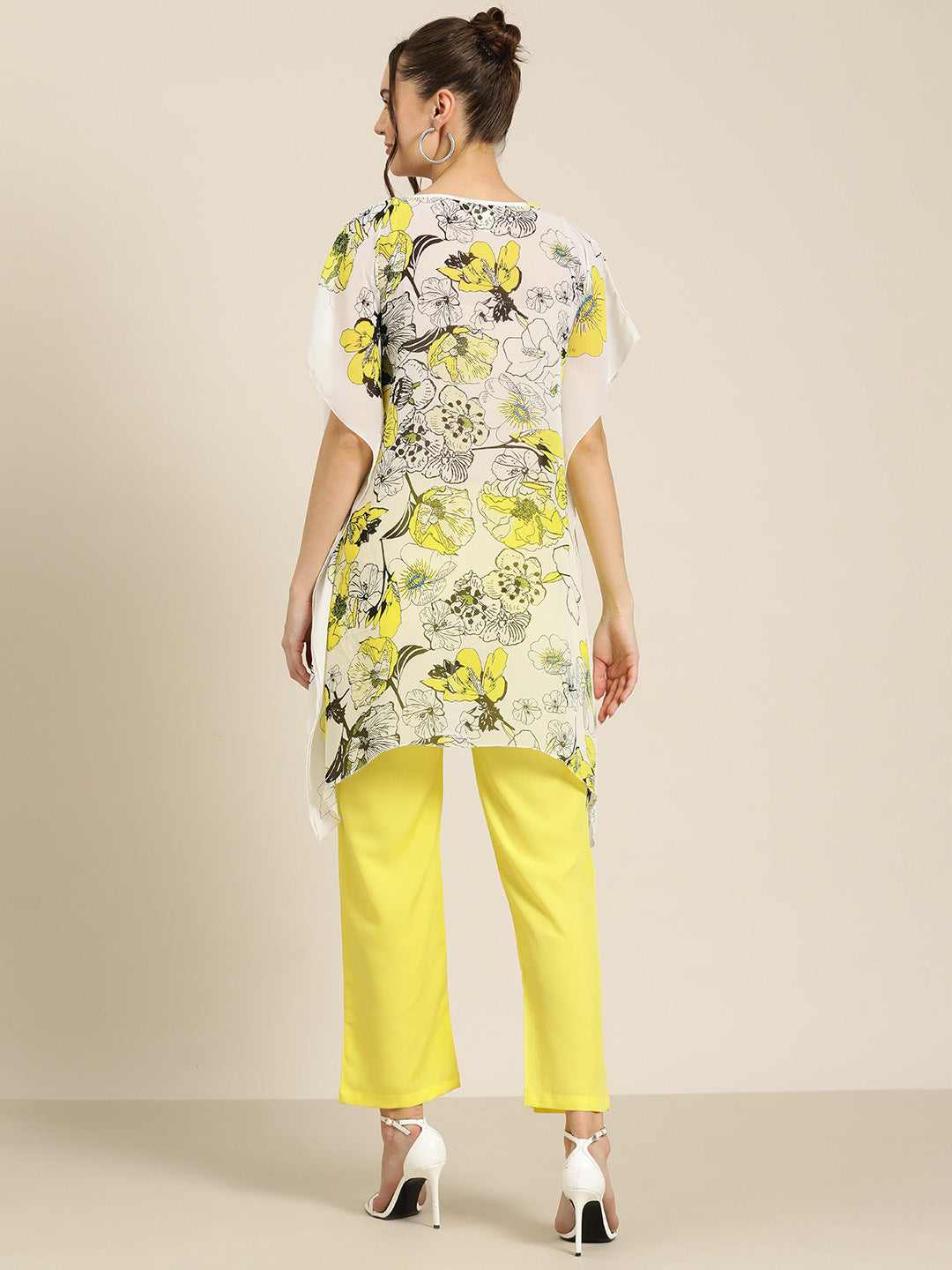 Neon yellow V-Neck top with pant co-ord set.