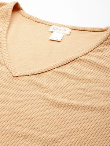 Beige solid rib V-Neck top with pant co-ord set.