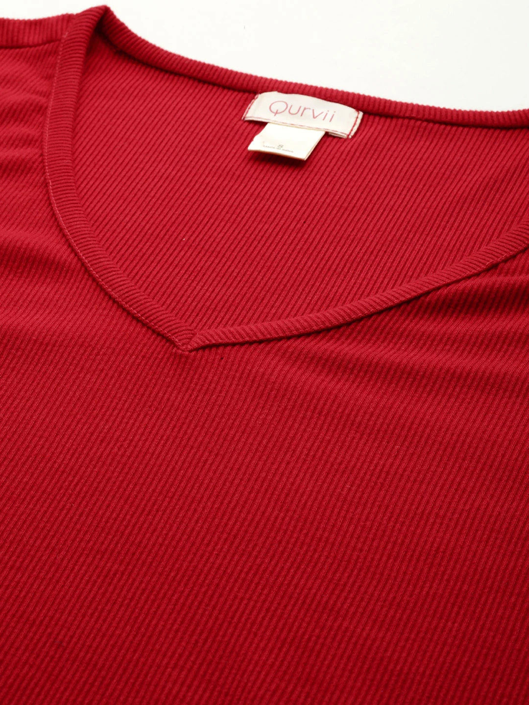 Red solid rib V-Neck top with pant co-ord set.