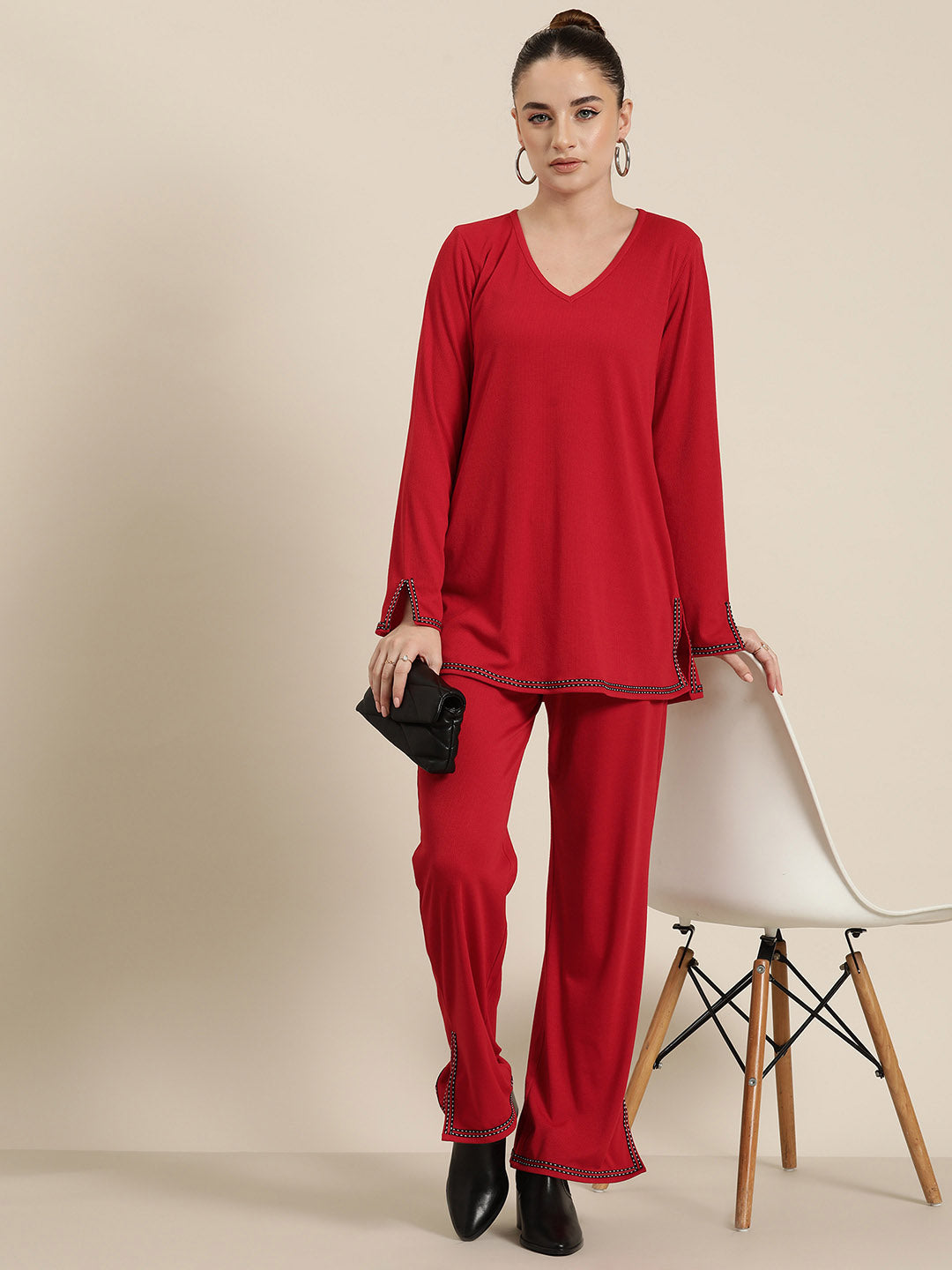 Red solid rib V-Neck top with pant co-ord set.