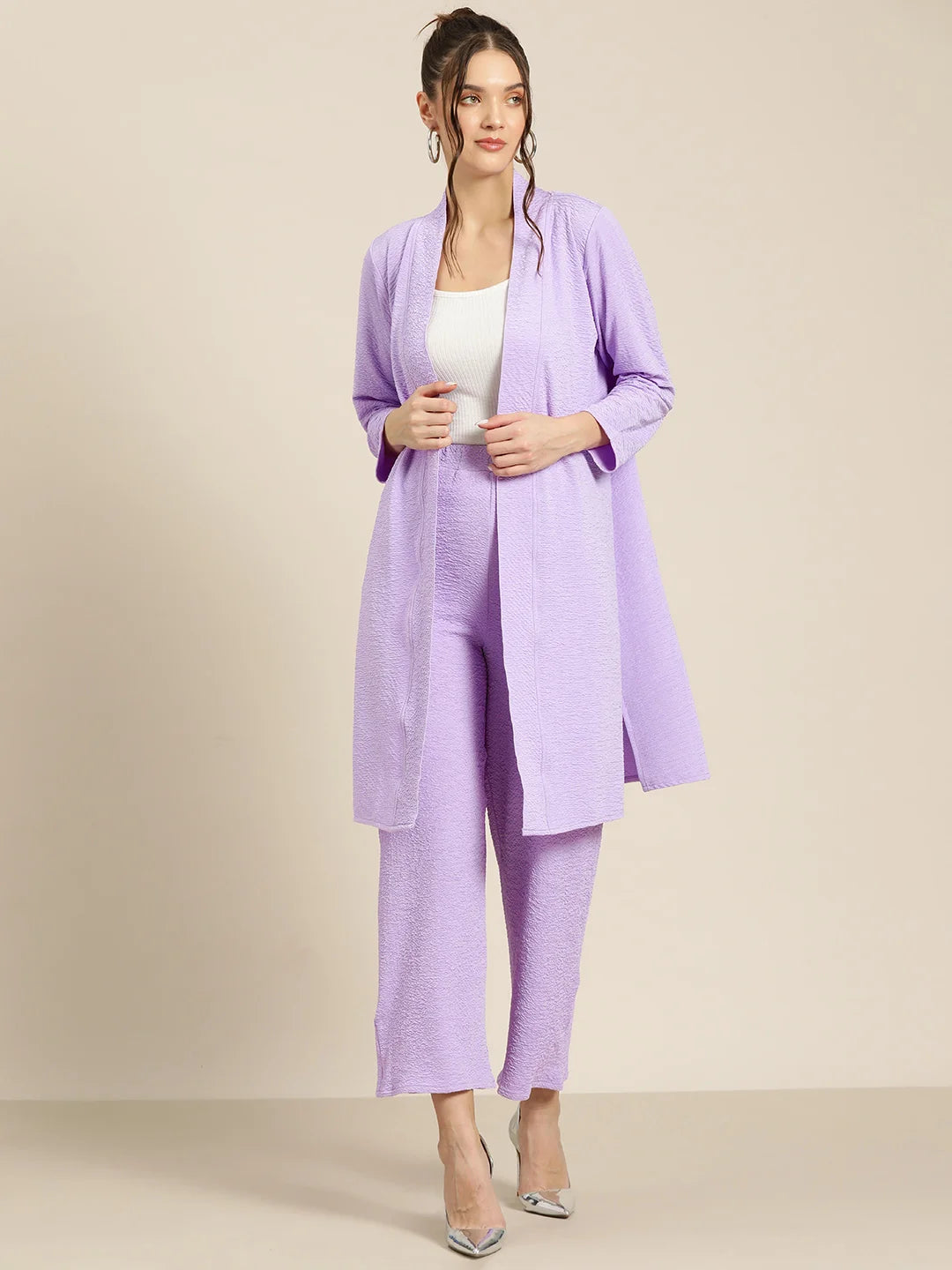 Purple shrug with full regular sleeves with pant co-ord set.
